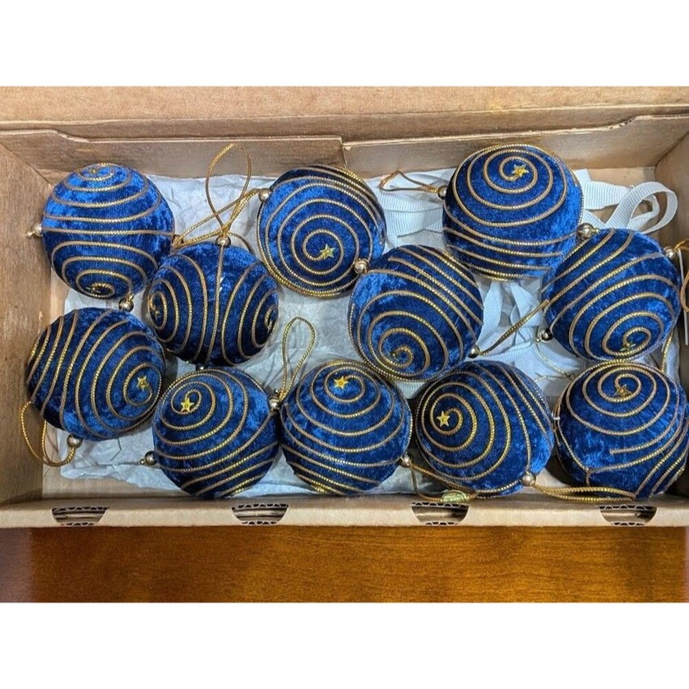 Vintage 11  Blue Velvet Christmas Ornaments Gold Spiral RARE Set Lot Philippines